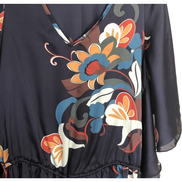 Colorful Floral Top Oversize S Butterfly Short Sleeve Navy Satin Blouson Slouchy - Picture 3 of 12